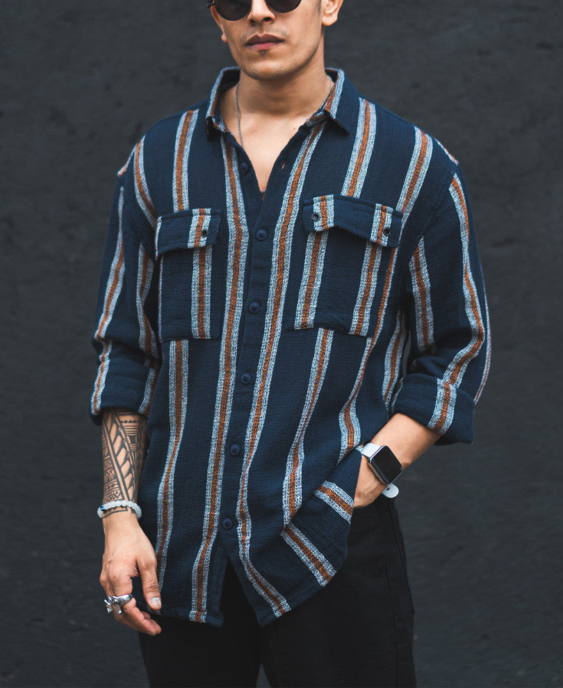 Blue Structured Striped Shacket Oversized Shirt