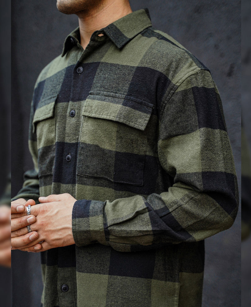 Olive Green Flannel Checks Oversized Shirt