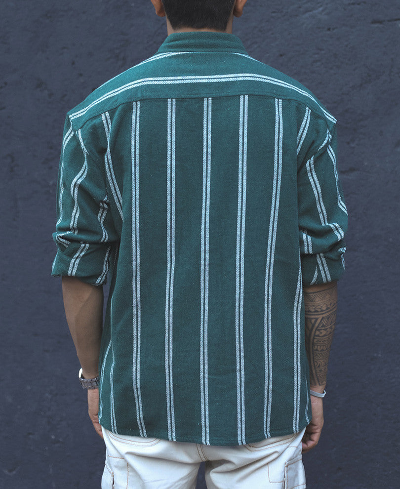 Olive Green Structured Striped Shacket Oversized Shirt