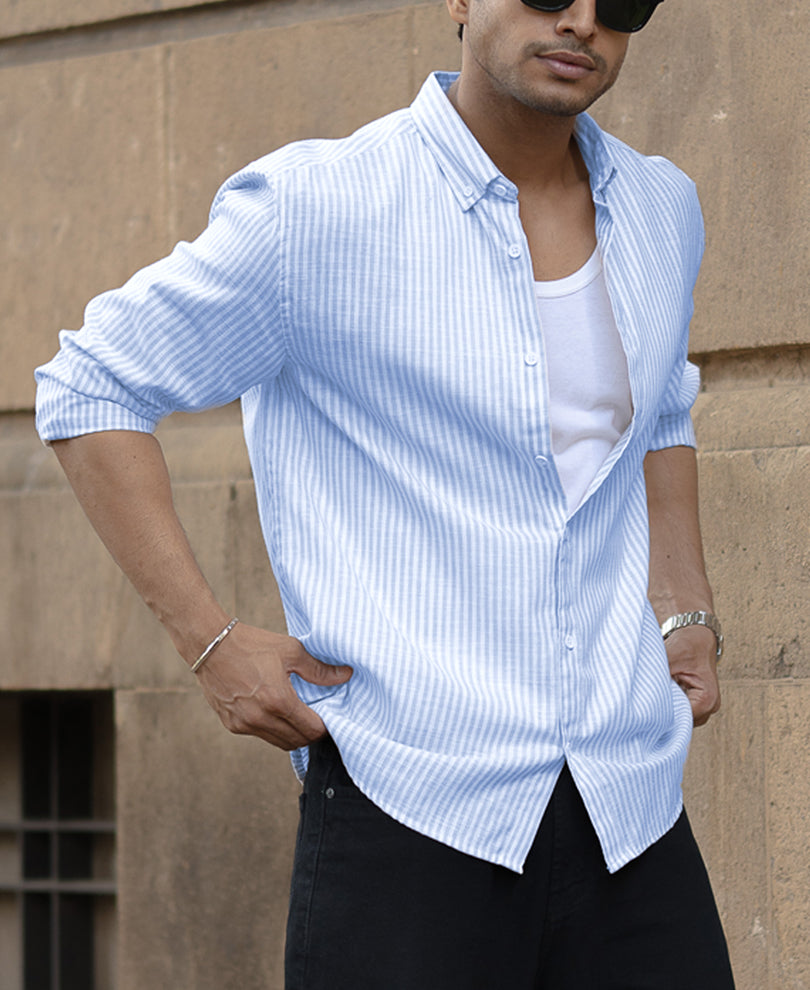 Light Blue And White Stripes Regular Fit Full Sleeves Shirt
