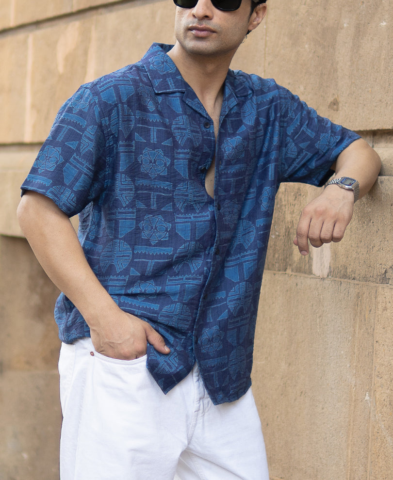 Blue Mask Print Flowy Shirt