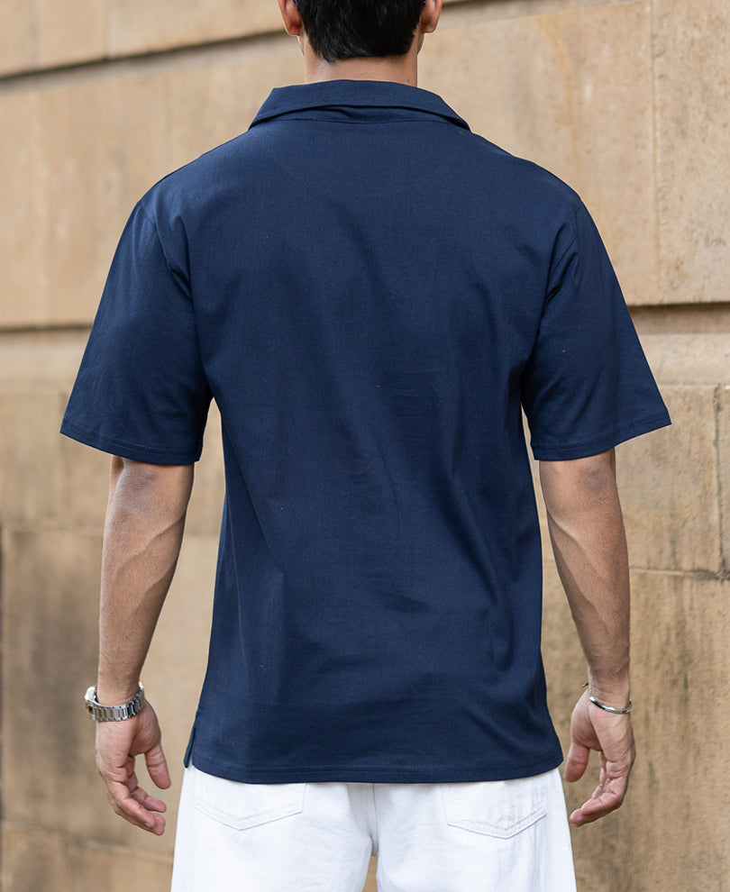 Navy Graphic Zipper Polo T-Shirt