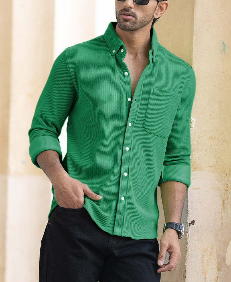 Green Corduroy Regular Fit Full Sleeves Shirt