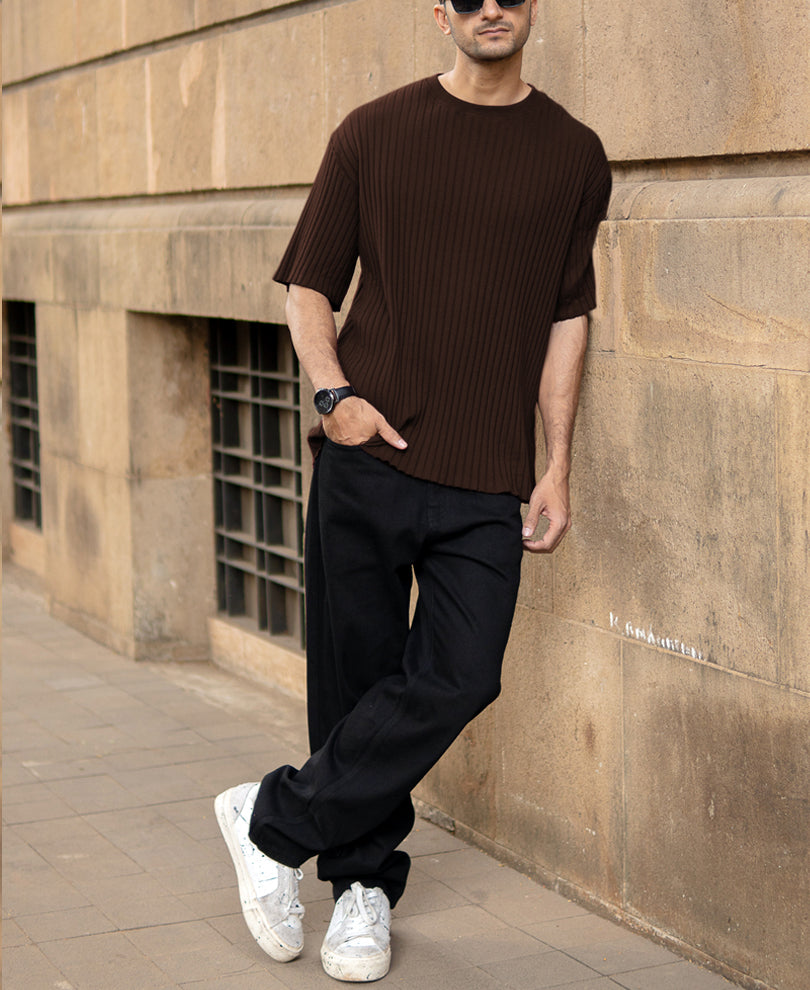 Dark Brown Rib Knit Oversized Half Sleeves T-Shirt
