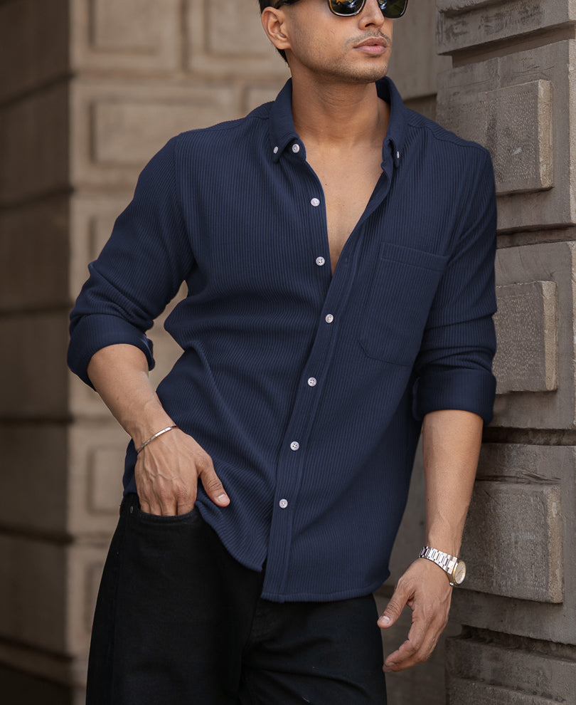 Blue Corduroy Regular Fit Full Sleeves Shirt