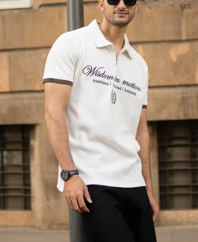 Off-White Bamboo Cord Regular Fit Half Sleeves T-Shirt
