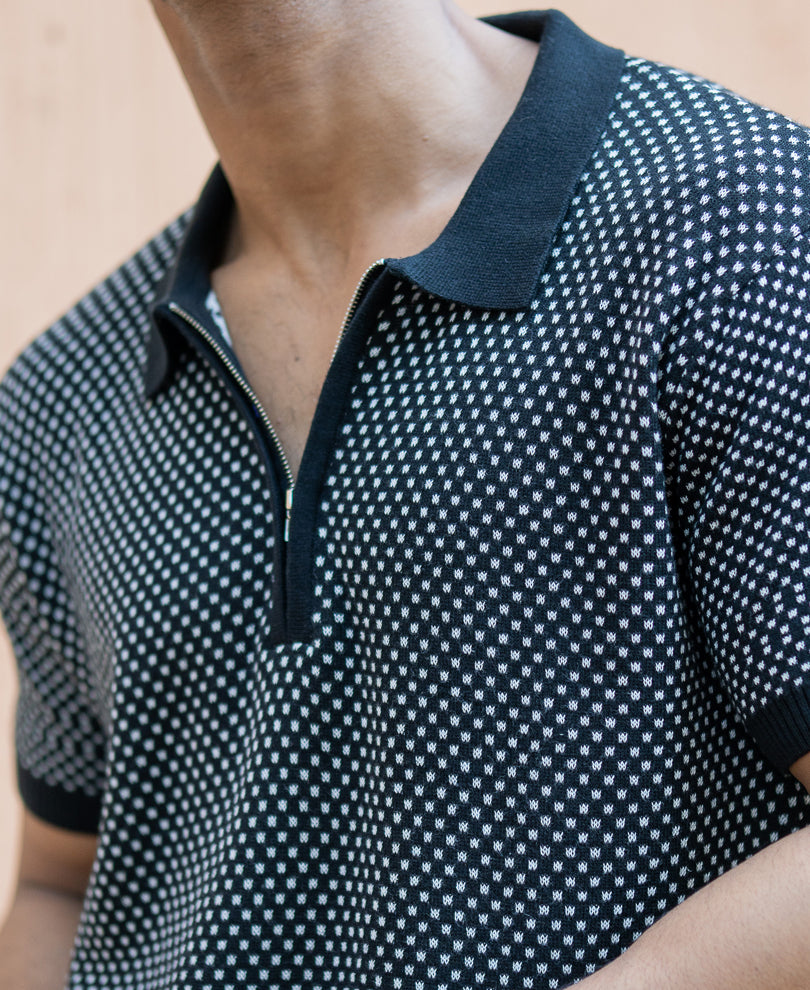 Black Jacquard Knit Polo T-Shirt