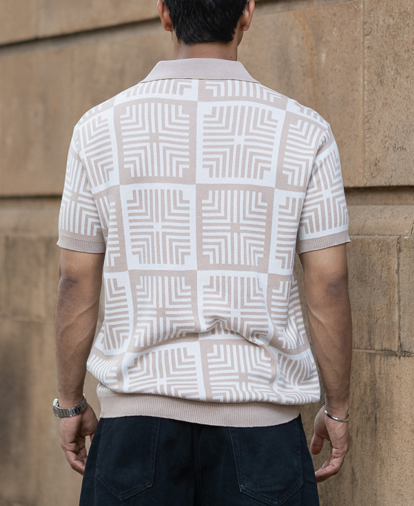 Beige Geometric Jacquard T-Shirt