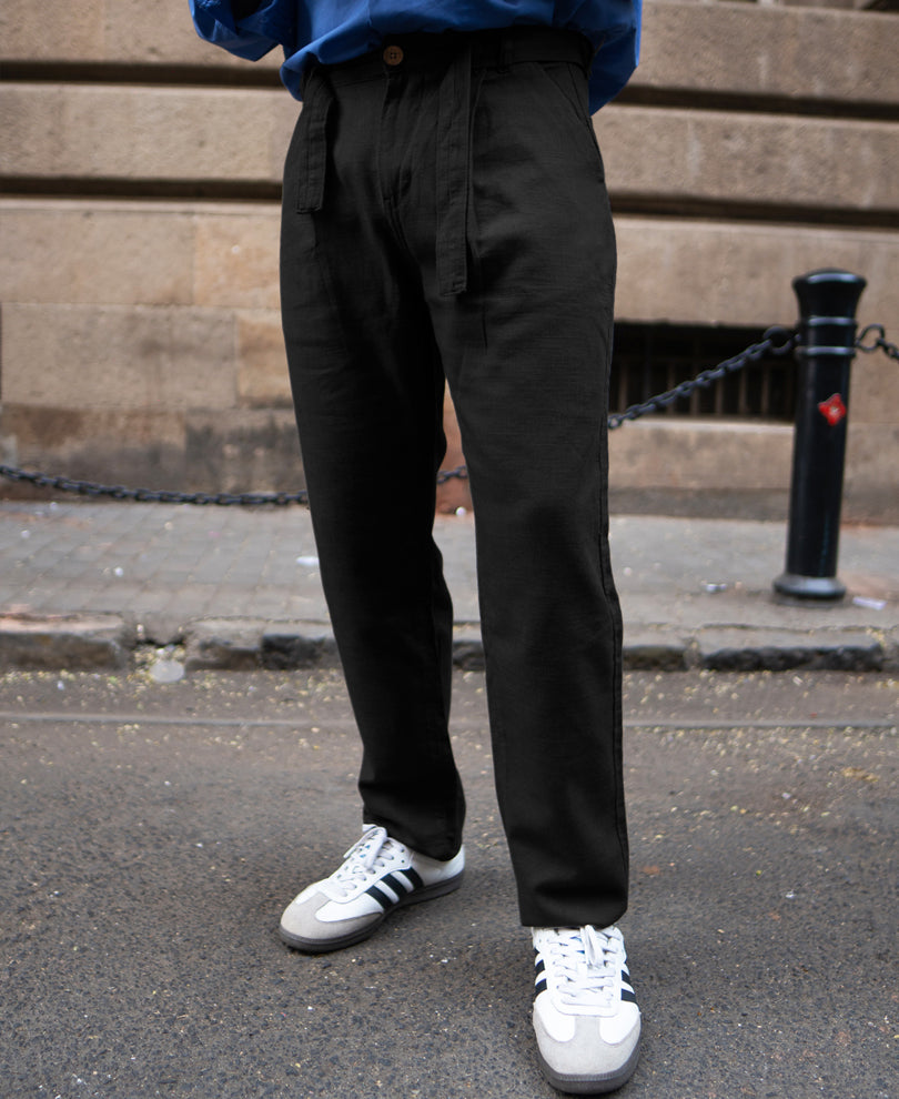 Black Cotton Pant With Belt