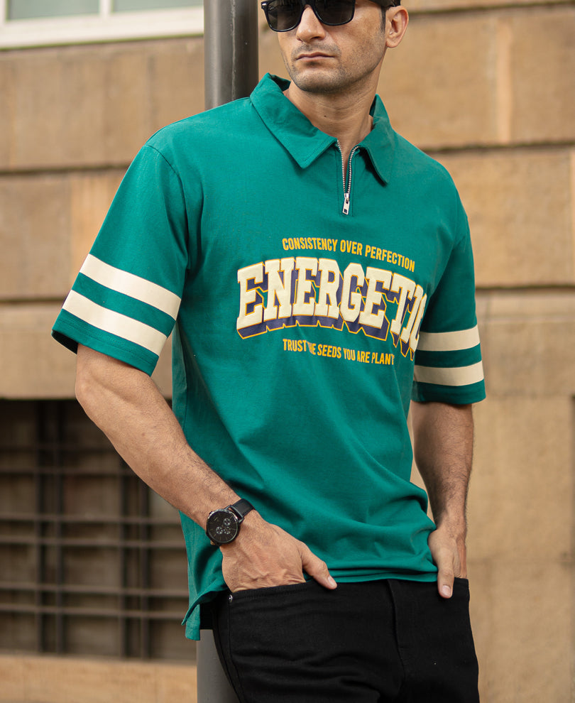 Teal Graphic Zipper Polo T-Shirt