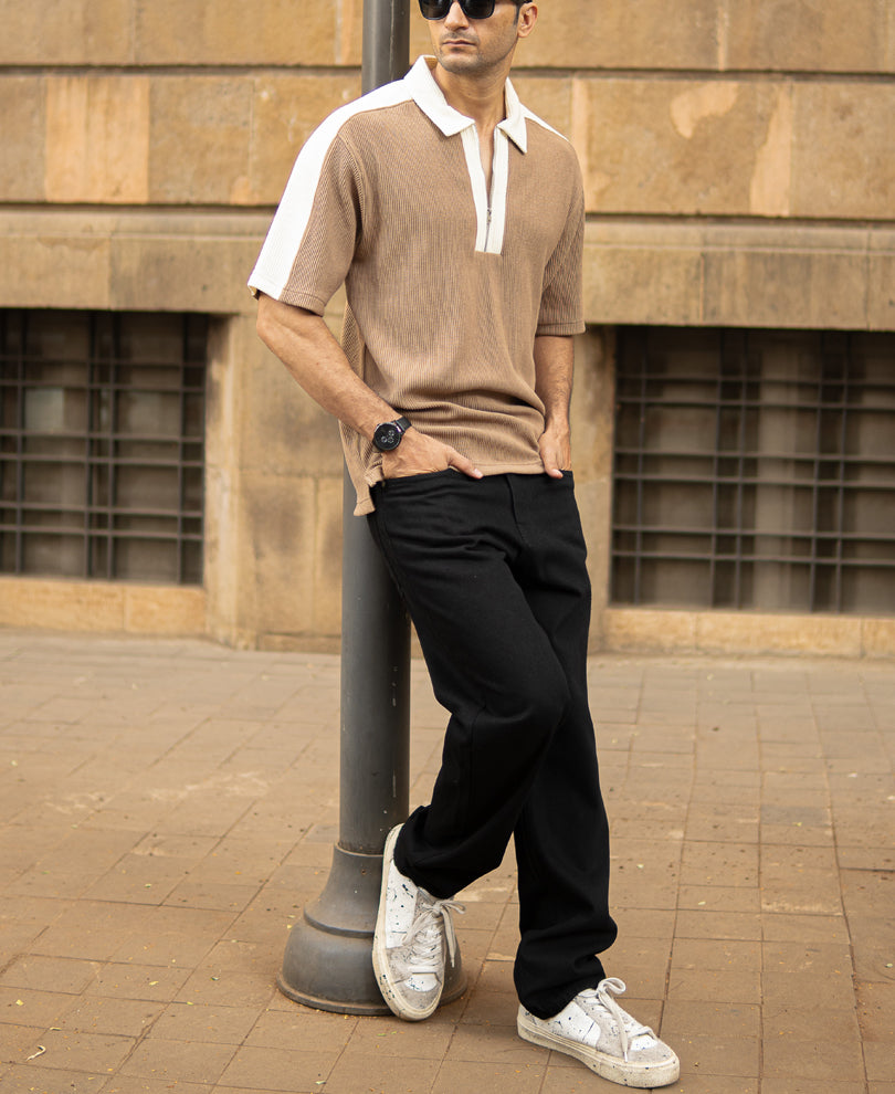 Beige Colour Blocked Polo T-Shirt
