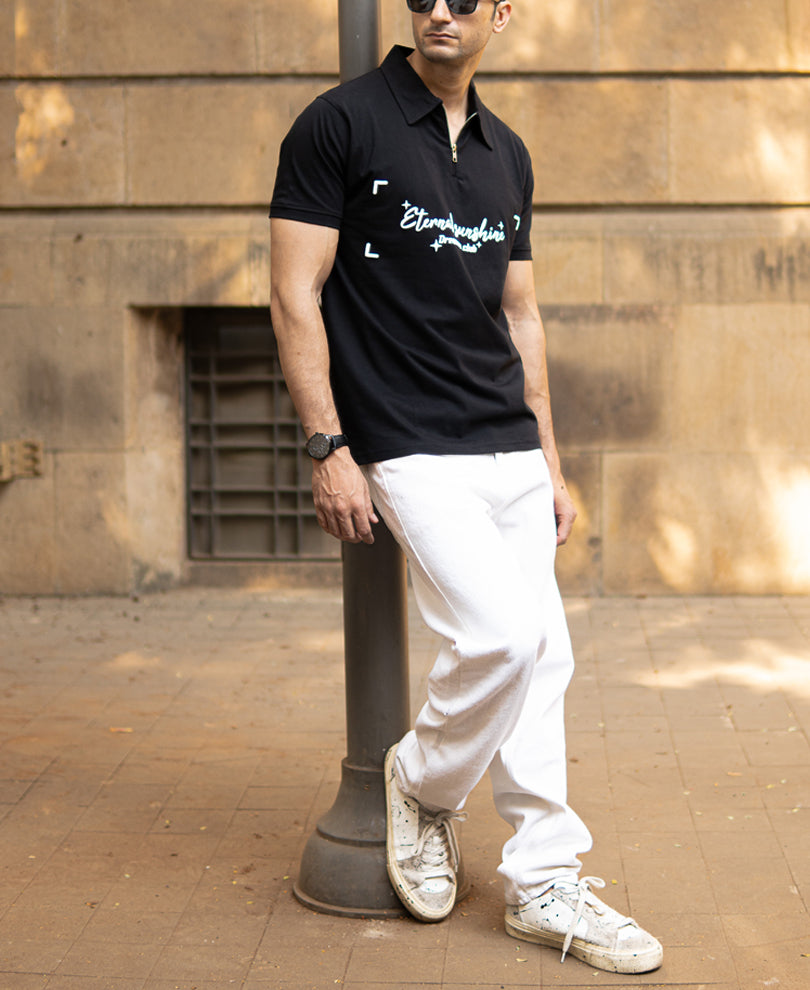 Black Printed Zipper Polo T-Shirt