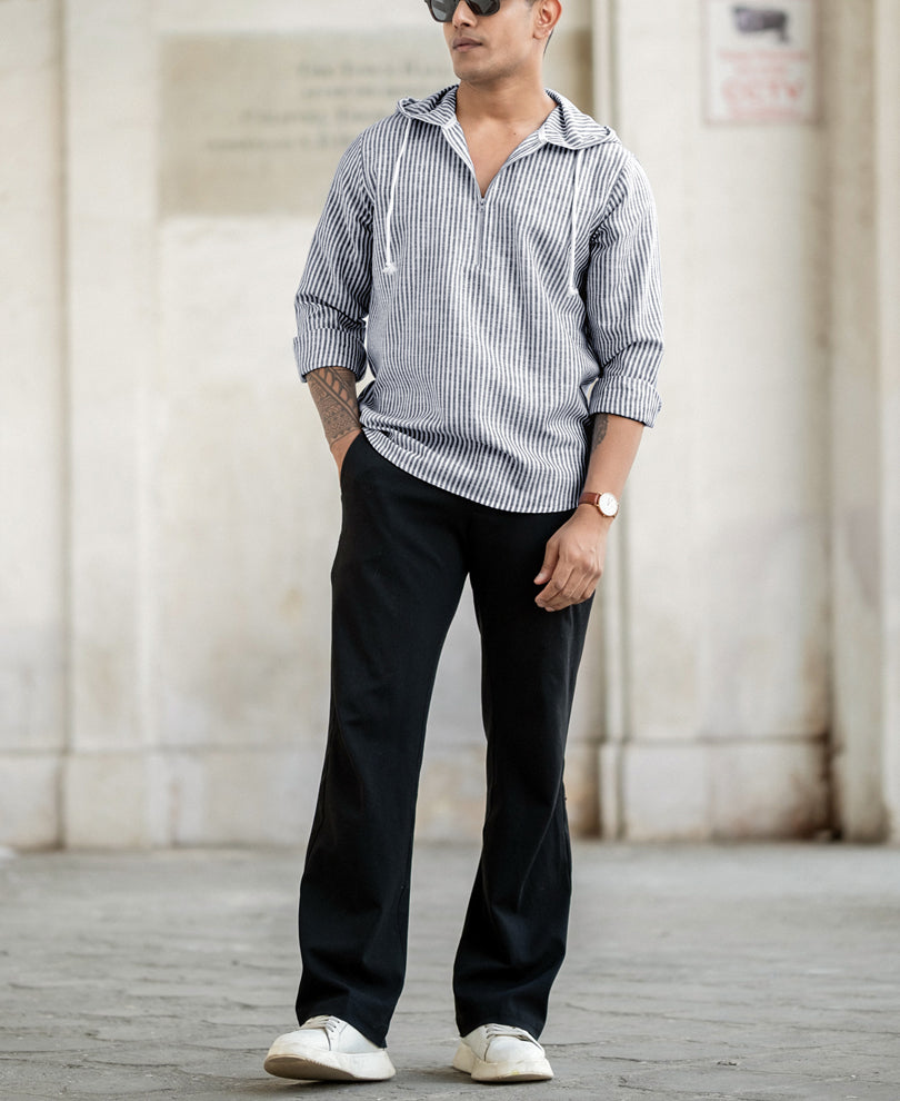 White And Navy Blue Stripes Regular Fit Full Sleeves Hoodie Shirt