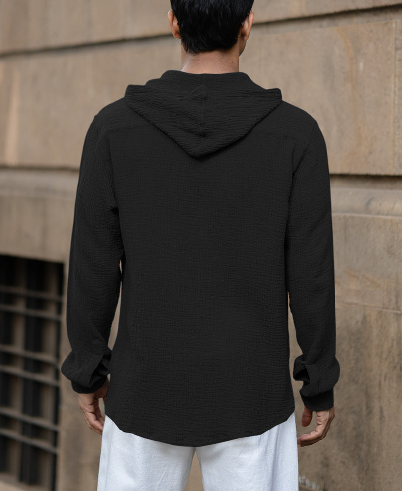 Black Crinkled Hooded Shirt
