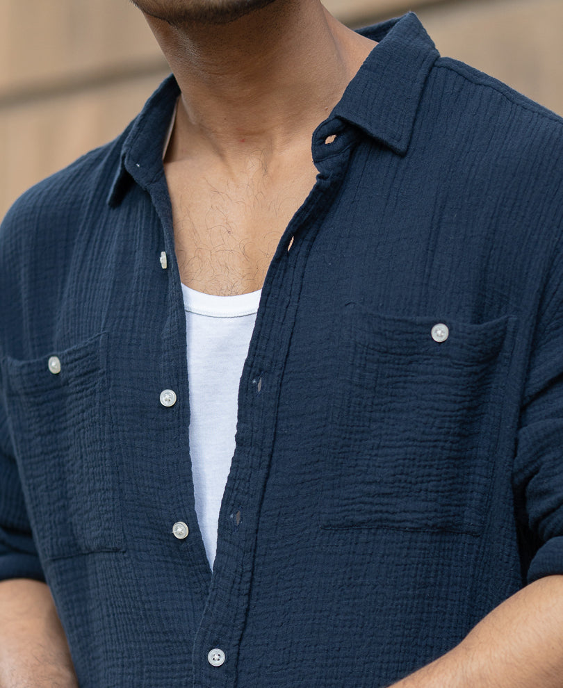Navy Crinkled Shirt With Pockets