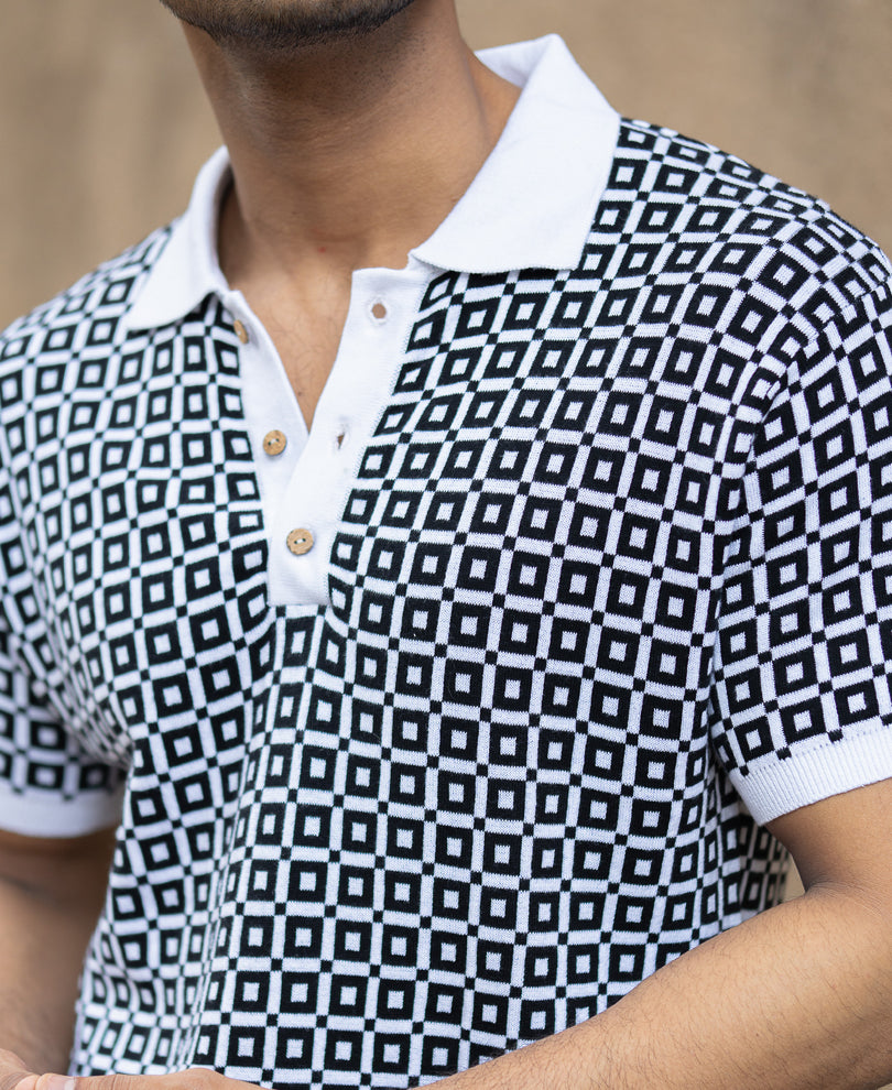 Black Jacquard Contrast Collar T-Shirt
