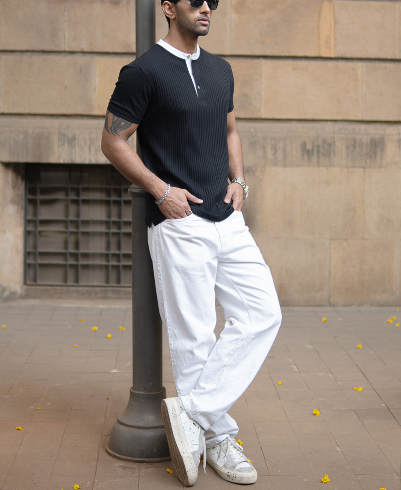 Black Contrast Collar Henley T-Shirt