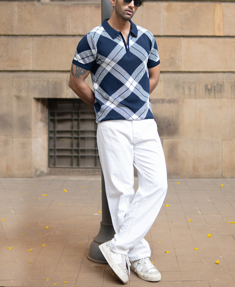 Navy Knitted Checks Structured T-Shirt