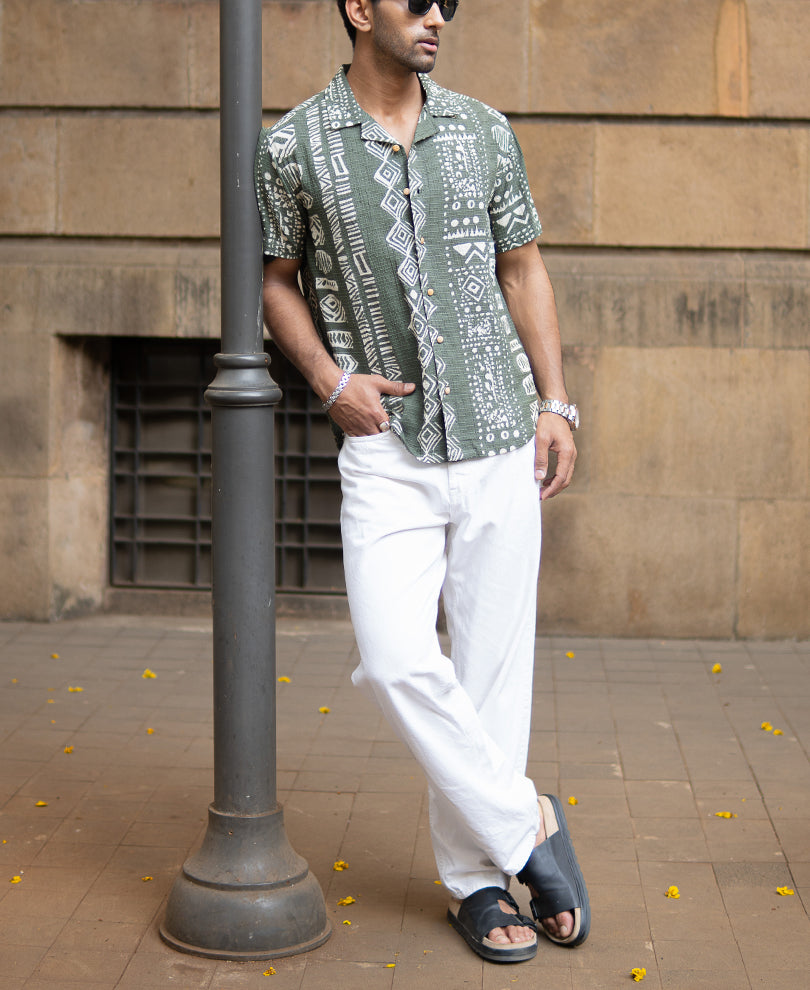 Light Olive Structured Printed Shirt