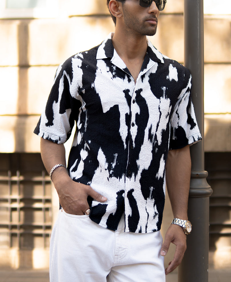 Black Abstract Print Cuban Shirt