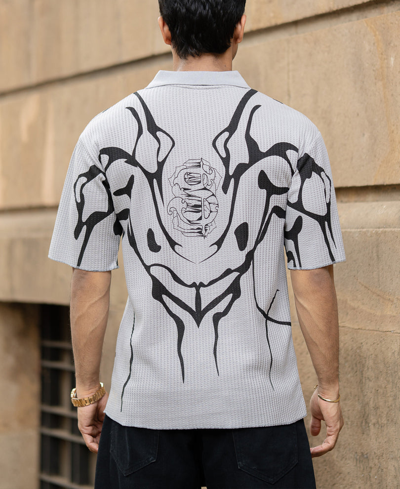Grey Structured Print Polo T-Shirt