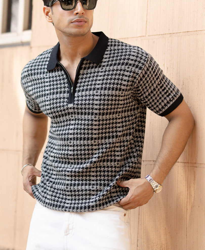Grey Houndstooth Knit T-Shirt