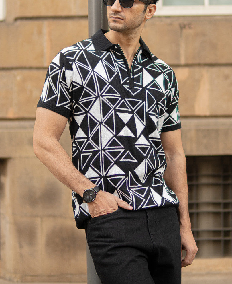 Black Geometric Knit Polo T-Shirt