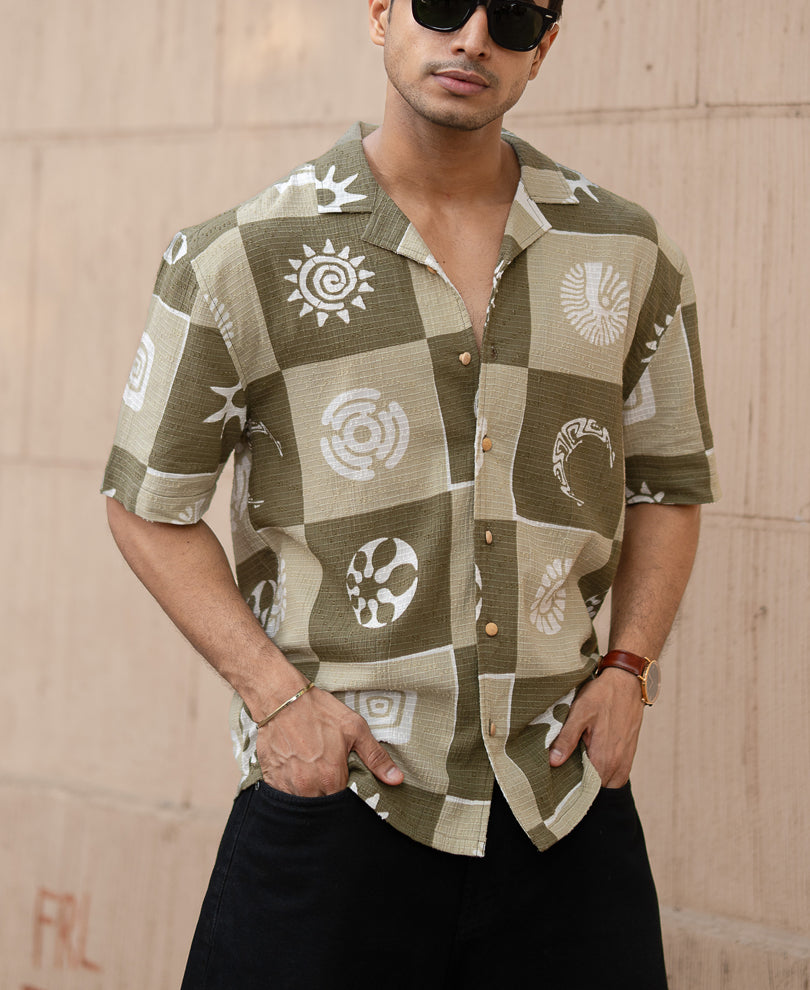 Green Structured Cuban Printed Shirt