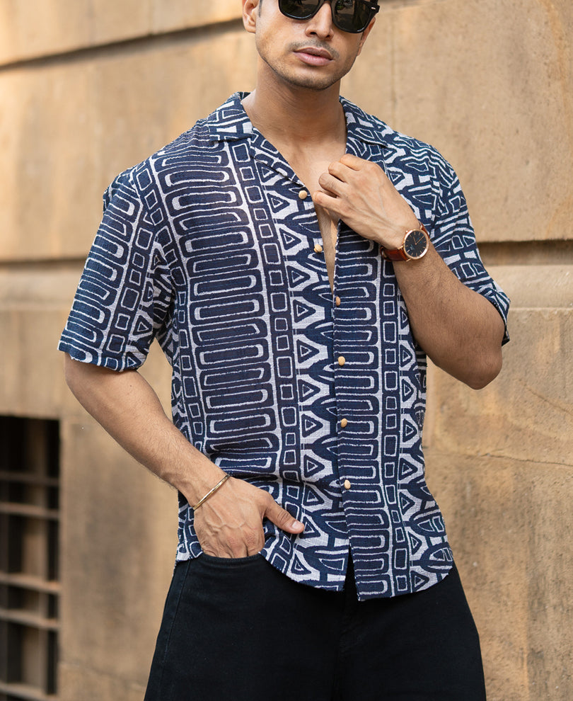 Navy Ethnic Print Shirt
