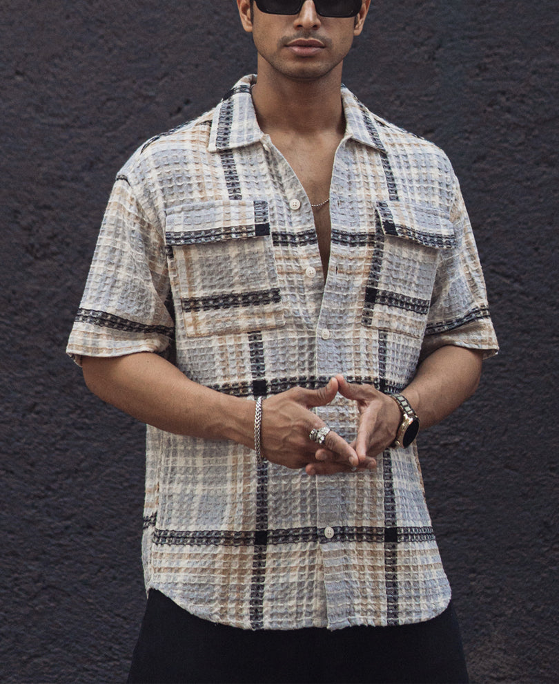 Multicolor Waffle Checked Oversized Half Sleeves Shirt