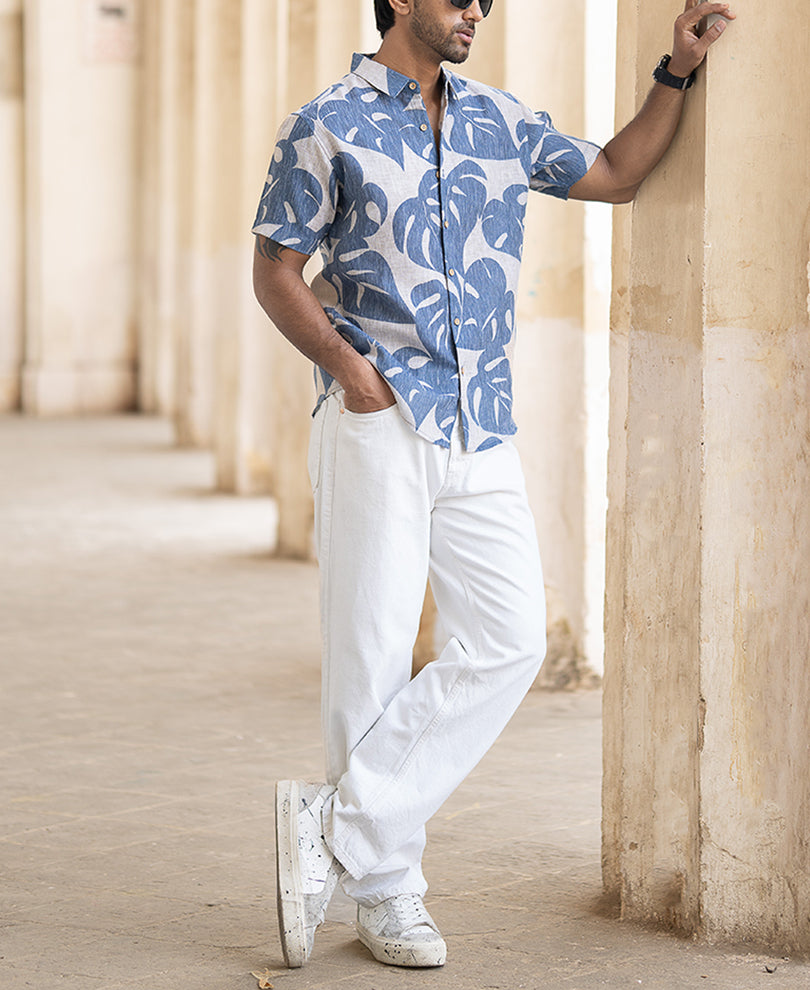 Blue Leaf Print Shirt
