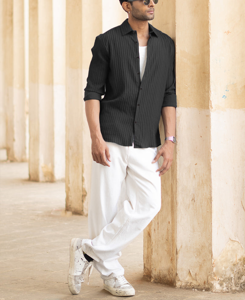 Black Regular Fit Full Sleeves Stripe Shirt