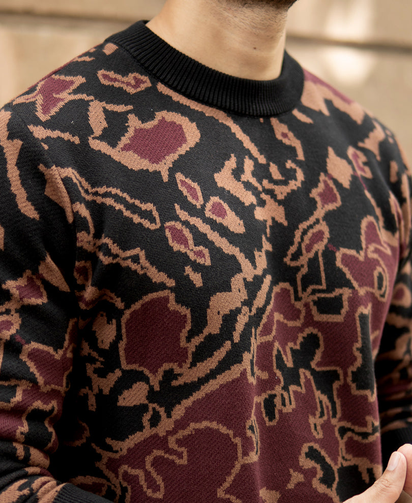 Black Abstract Jacquard Cotton Sweater