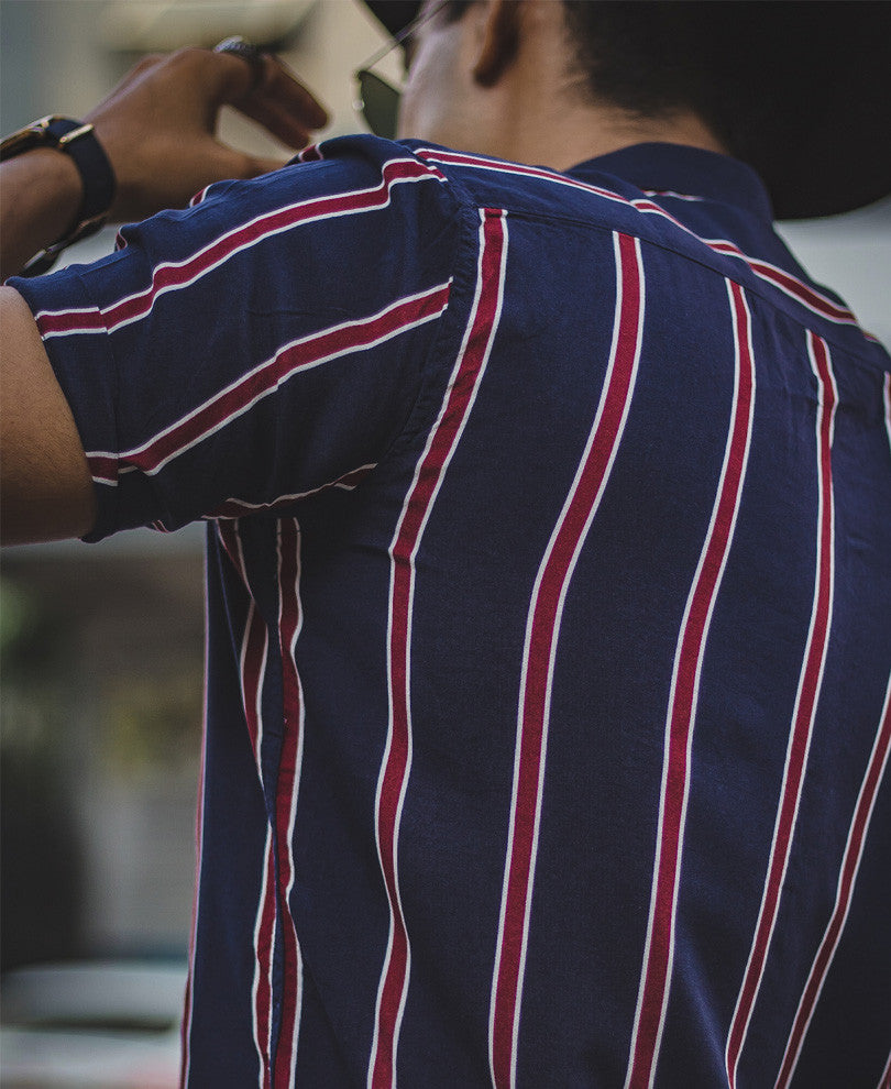 Navy Blue and Red Vertical Stripes Half Sleeves Shirt