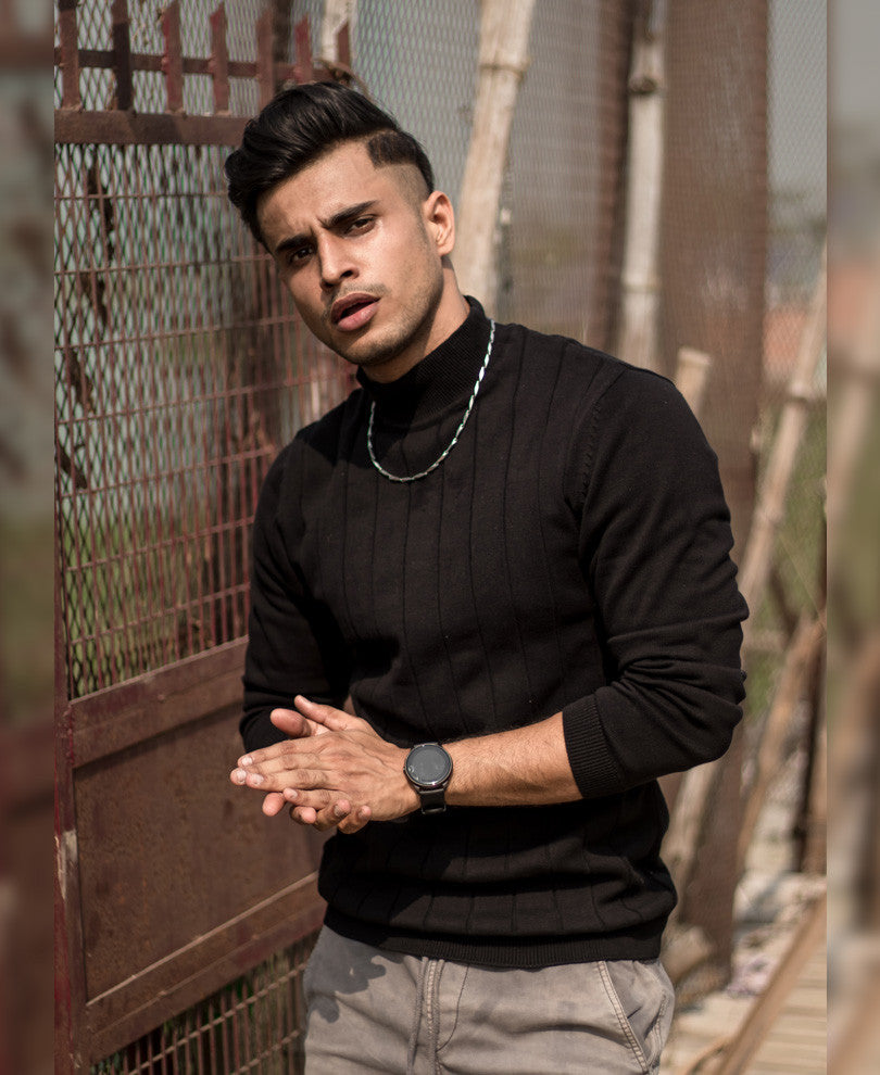 Black Knitted High Neck Full Sleeves T Shirt