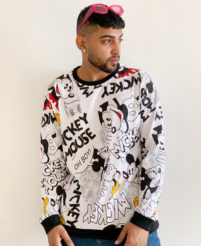 Urban White Mickey Mouse Printed Full Sleeves T Shirt
