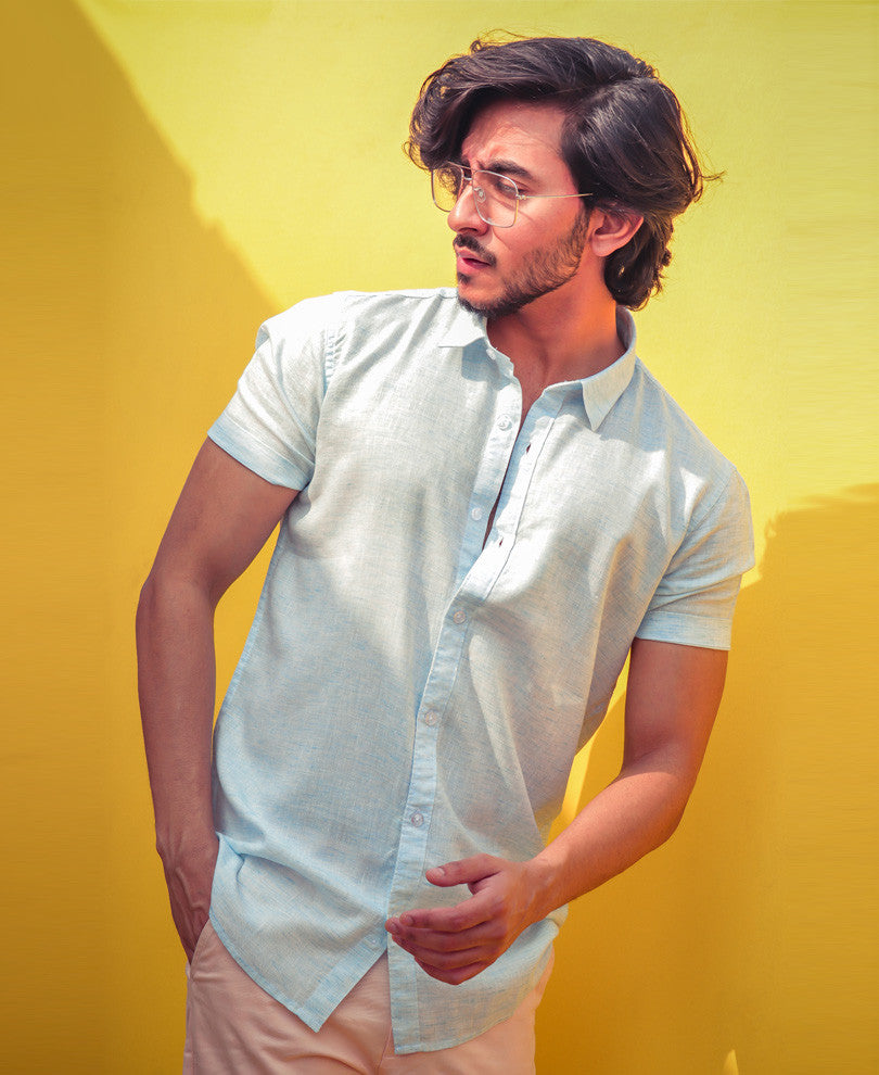 Mens Sky Blue Plain Linen Shirt