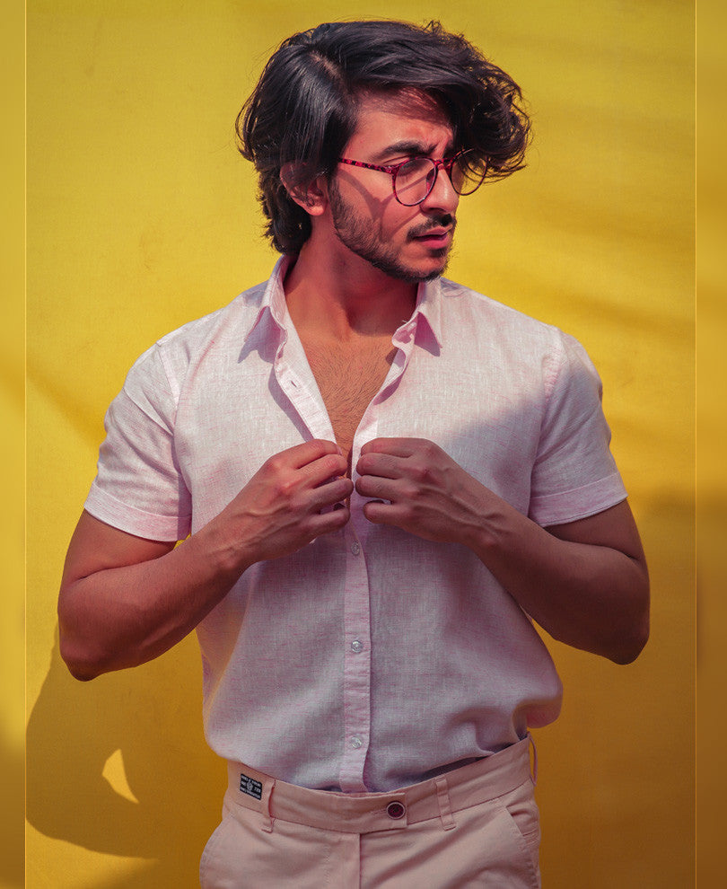 Mens Pink Plain Linen Shirt