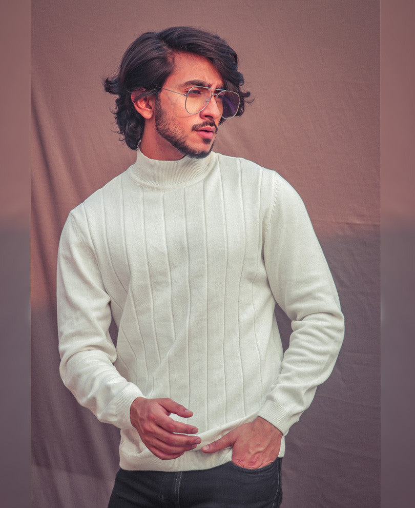 White Knitted High Neck Full Sleeves T Shirt