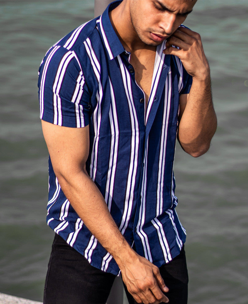 Blue and White Stripes Half Sleeves Shirt