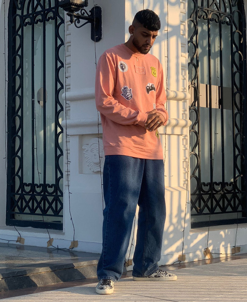 Peach Patched Full Sleeves T Shirt