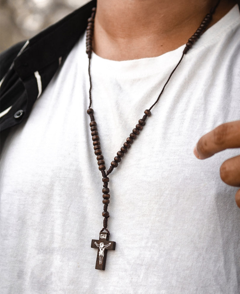 Wooden Rosary Bead Cross Pendant