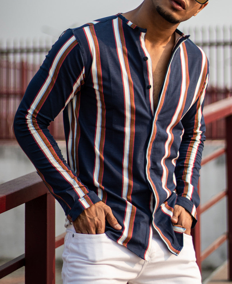 Navy Blue With Multi Color Stripe Full Sleeves Shirt