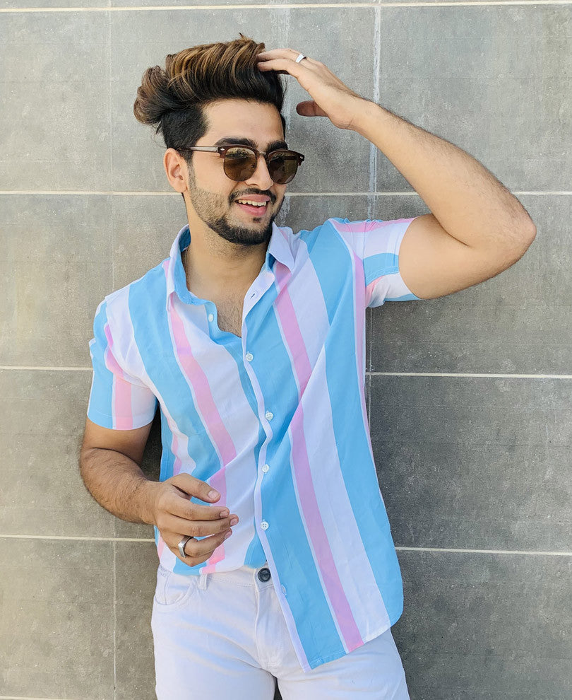 White With Blue Vertical Stripes Half Sleeves Shirt