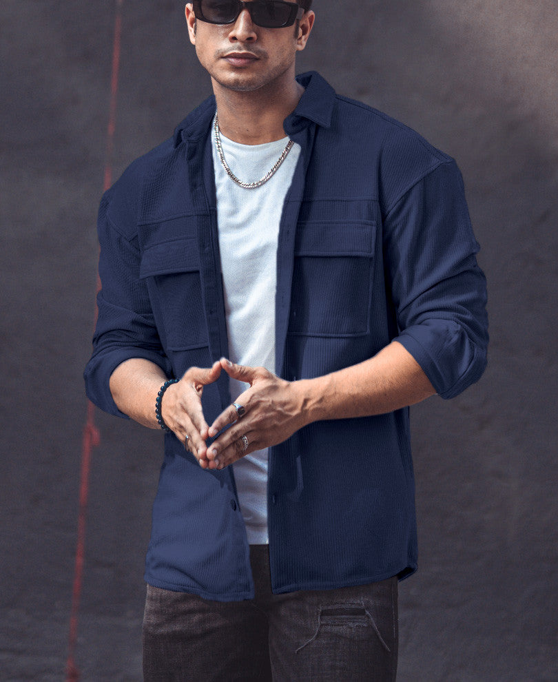 Navy Blue Pocket Oversize Shacket Drop Shoulder Shirt