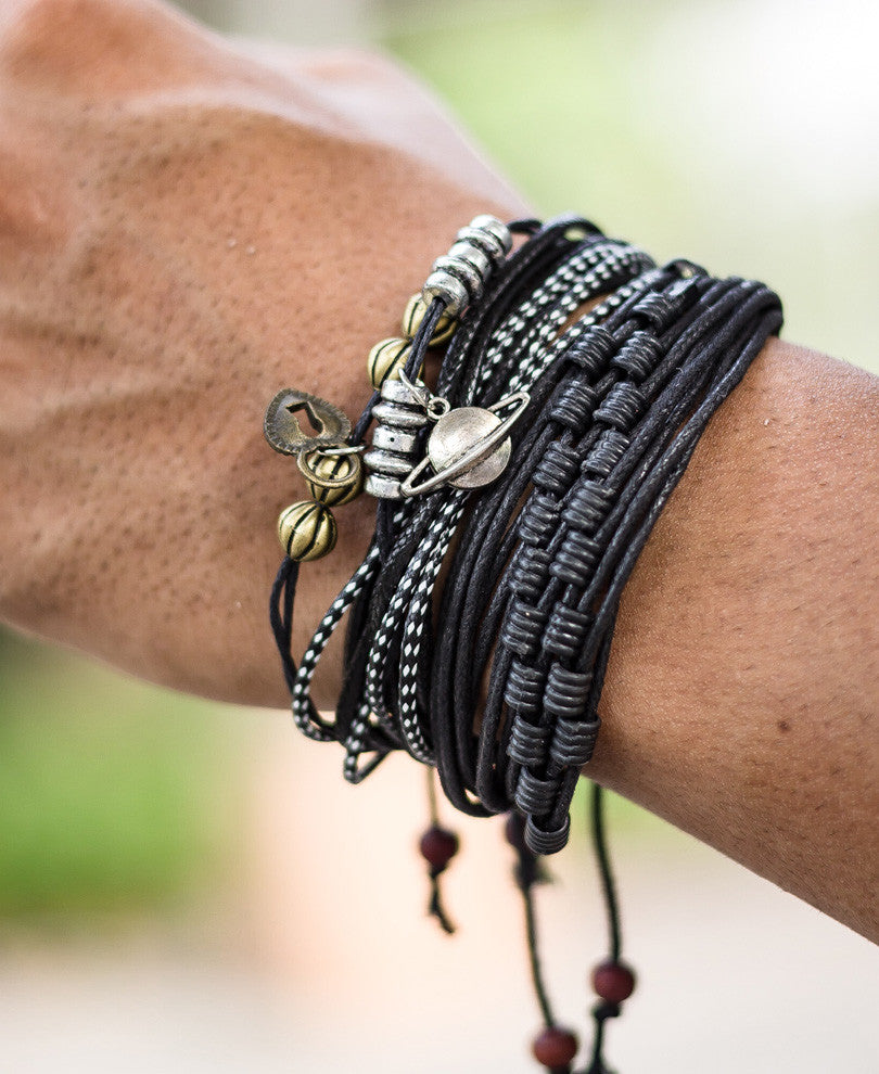 Black With Silver Saturn Mix 3 Wrap Bracelet