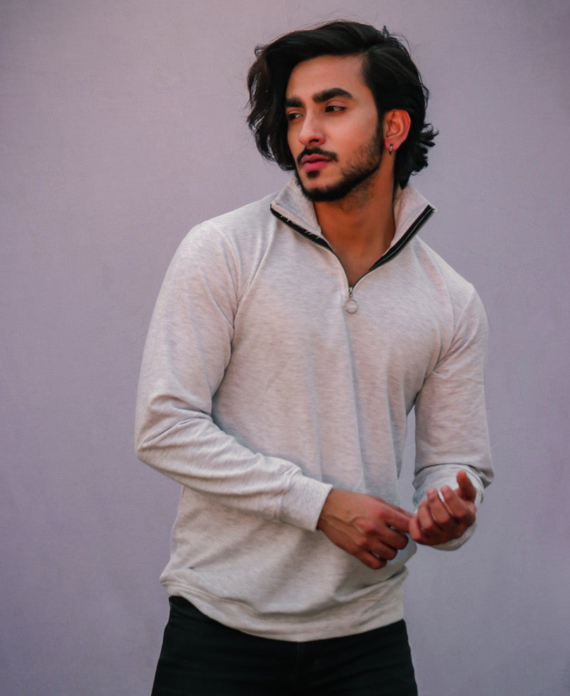 Plain Acro Grey Turtle Neck With Zip Full Sleeves T Shirt