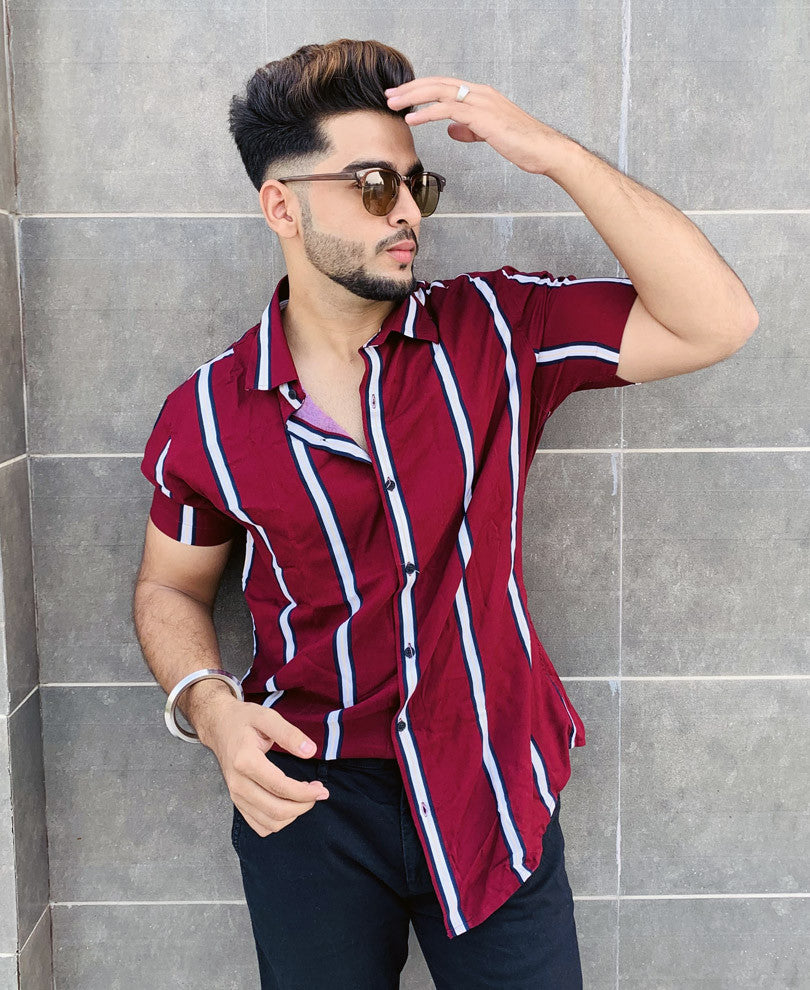 Maroon Multiple Stripes Half Sleeves Shirt