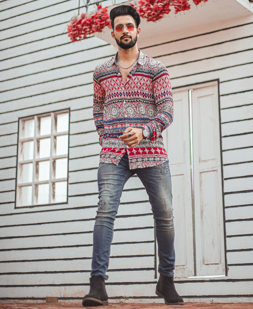 Urban Red Mix Scarf Printed Full Sleeves Shirt