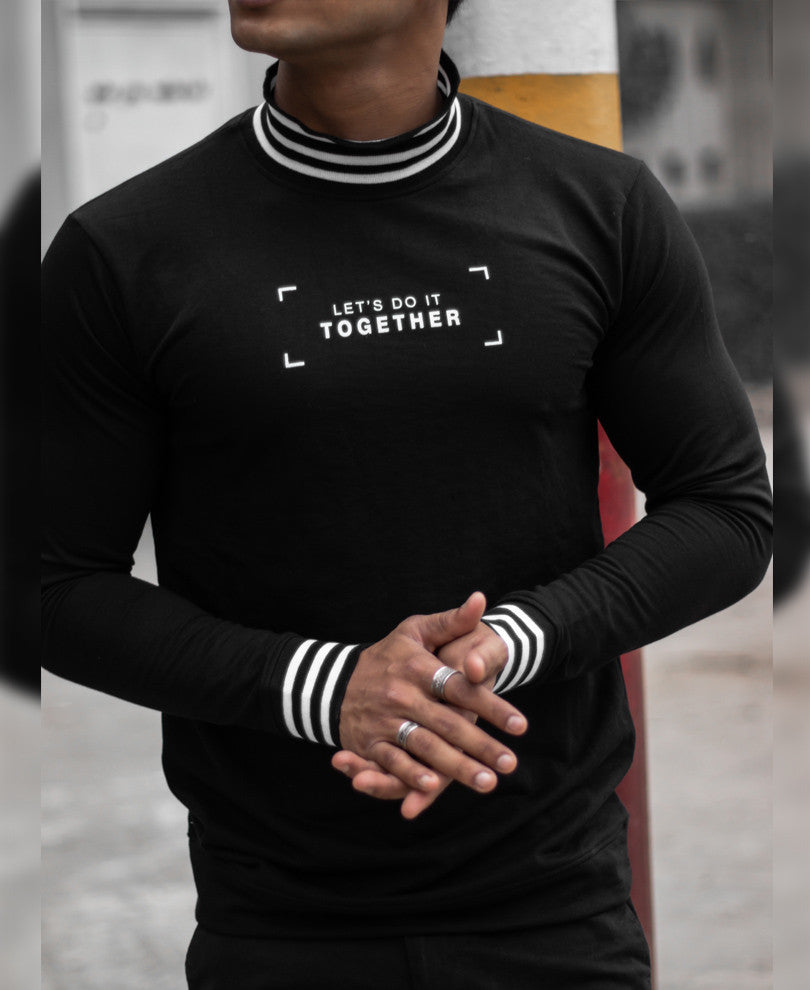 Black Chest Printed High Neck Full Sleeves T Shirt